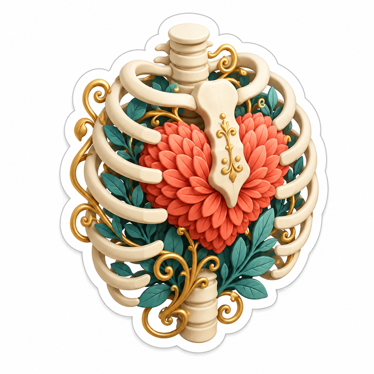 Rib Cage with Coral Winged Heart Vinyl Sticker Decal