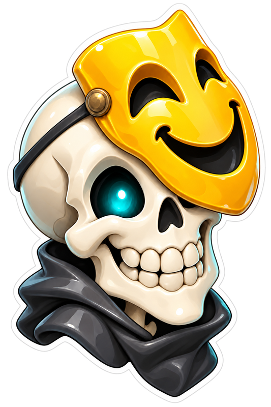 Smiling Skull Wearing Yellow Happy Face Mask Vinyl Sticker Decal