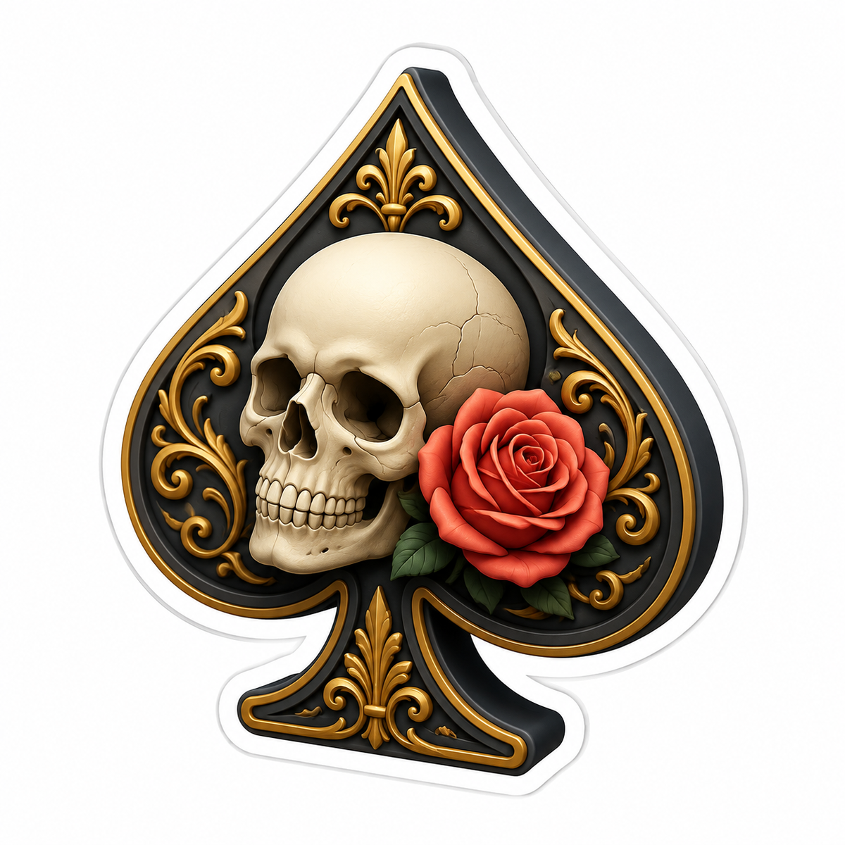 Black Gold Spade with Skull and Red Rose Vinyl Sticker Decal