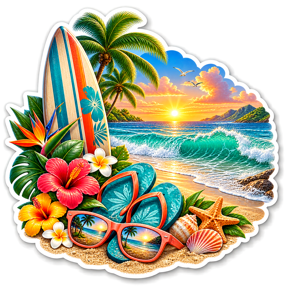 Sunset Beach Surfboard and Flip Flops Vinyl Sticker Decal