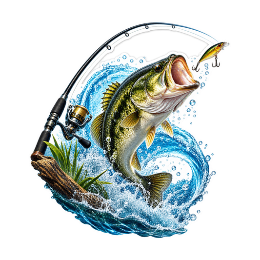 Bass Fish Jumping beside Fishing Rod Vinyl Sticker Decal