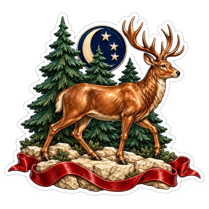 Copper Deer Pine Trees Crescent Moon Vinyl Sticker Decal