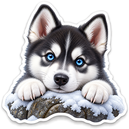 Blue Eyed Husky Puppy on Snowy Branch Vinyl Sticker Decal