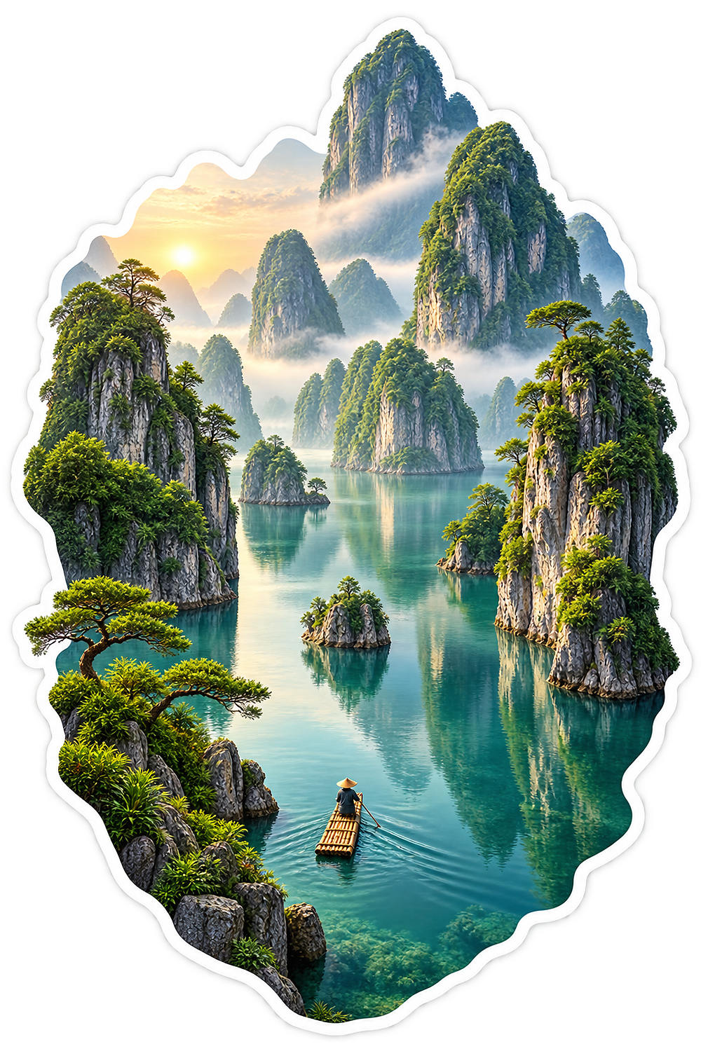 Karst Mountain Teal Lake Mist Raft Vinyl Sticker Decal