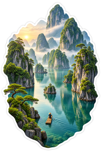 Karst Mountain Teal Lake Mist Raft Vinyl Sticker Decal