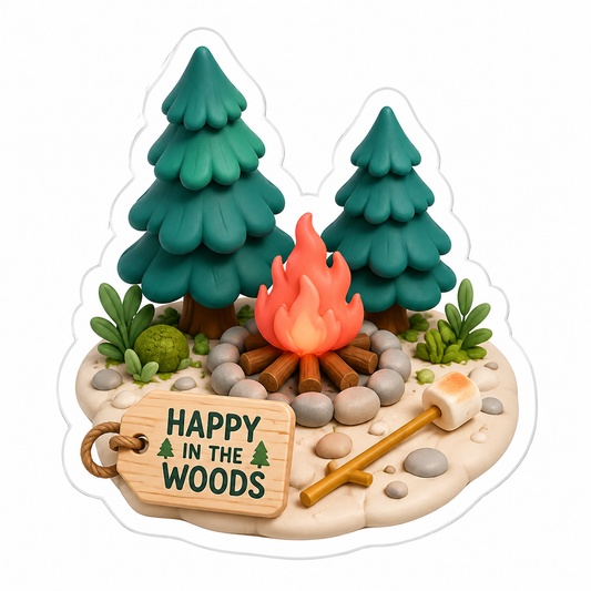 Happy in the Woods Campfire and Pine Trees Vinyl Sticker Decal