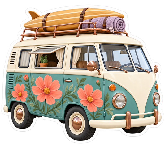 Cream Teal Camper Van Coral Cosmos Flowers Vinyl Sticker Decal