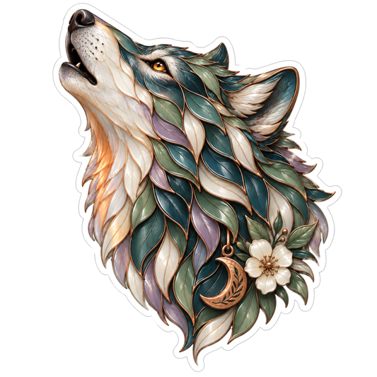 Howling Wolf Teal Ivory Leaf Pattern Vinyl Sticker Decal
