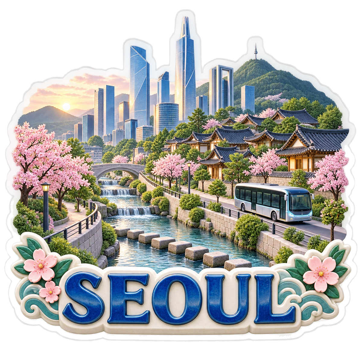 Seoul Stream Hanok Cherry Blossoms Vinyl Sticker Decal