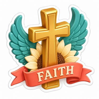 Faith Gold Cross with Teal Wings Vinyl Sticker Decal