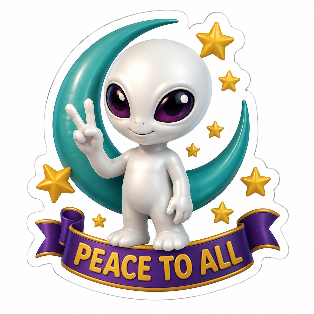 Peace to All White Alien Crescent Moon Vinyl Sticker Decal