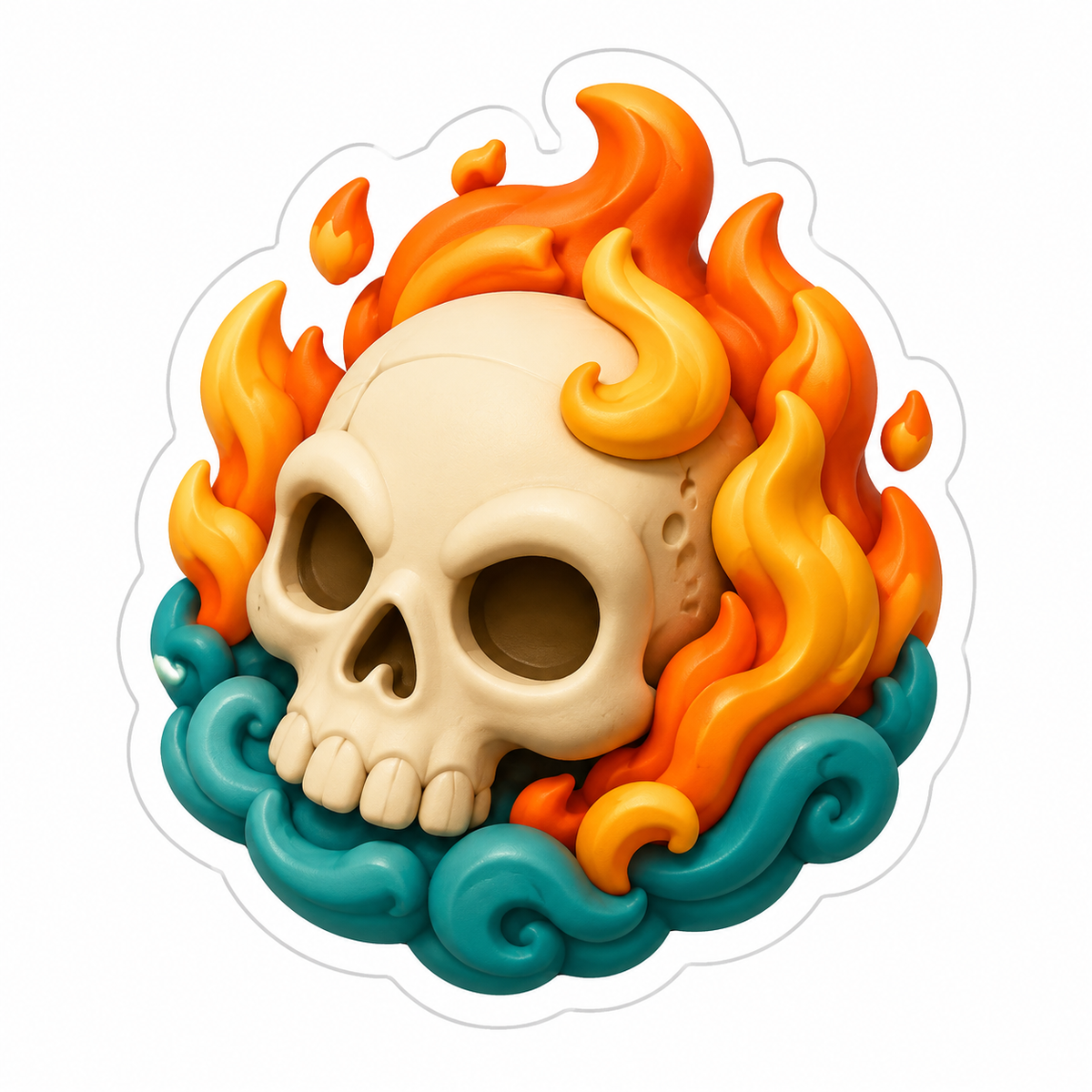 Ivory Skull Surrounded By Orange And Gold Flames Vinyl Sticker Decal