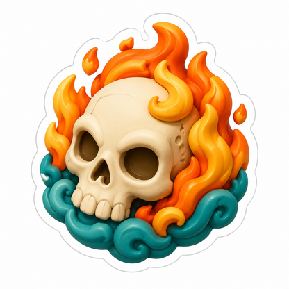 Ivory Skull Surrounded By Orange And Gold Flames Vinyl Sticker Decal