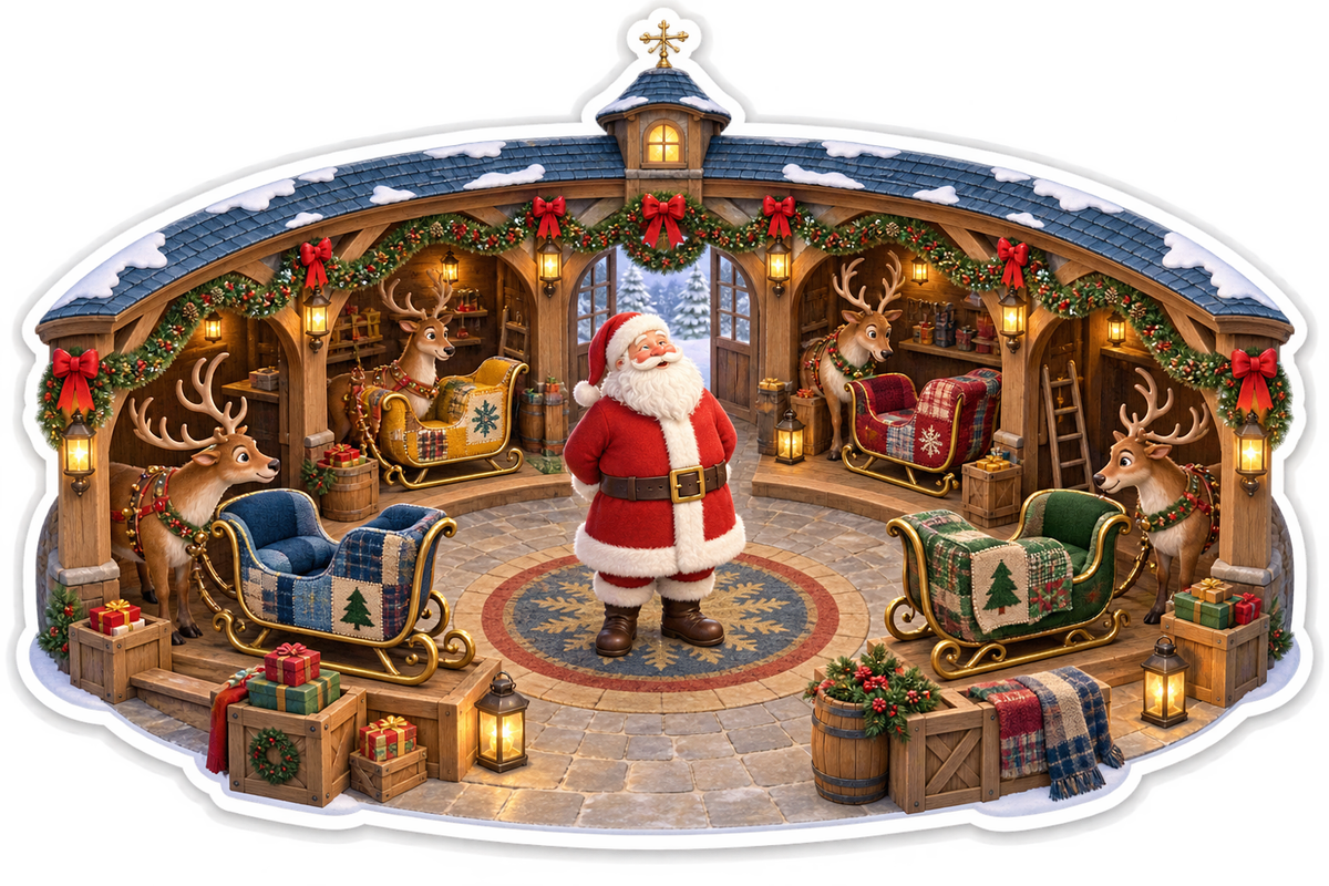 Reindeer patchwork sleigh roundhouse Christmas 3D sticker decal
