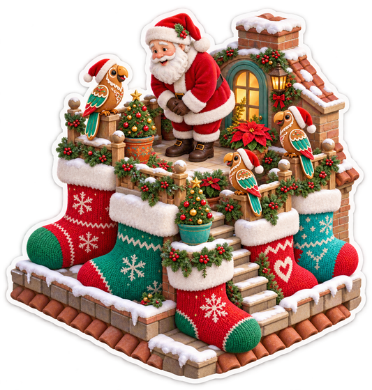 Gingerbread parrot stocking rooftop garden Christmas 3D sticker decal